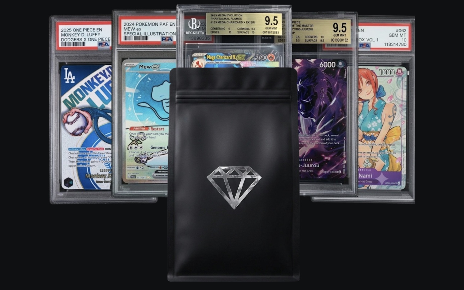 DiamondHits mystery bag with five premium graded Pokémon and One Piece slabs