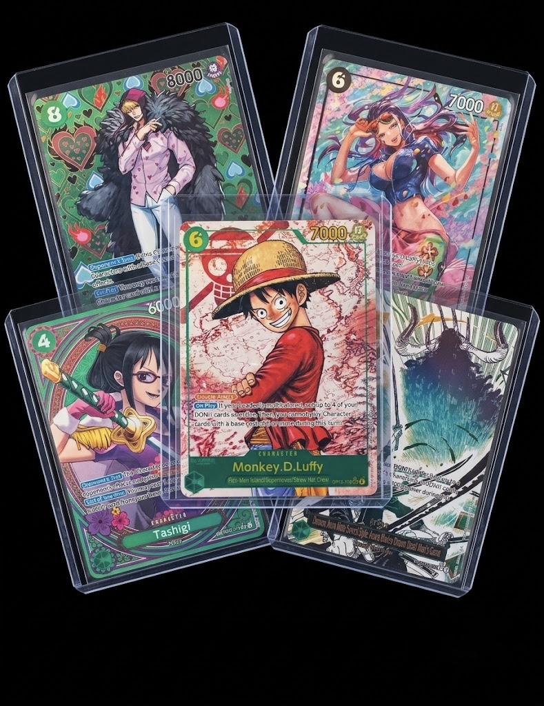 Premium One Piece TCG cards in crystal-clear sleeves with Monkey D. Luffy centered